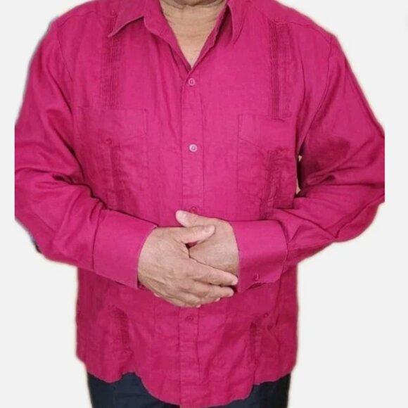 MOJITO COLLECTION 100% LINEN GUAYABERA SHIRT MEN’S 1X MAGENTA LONG SLEEVE - Picture 1 of 9